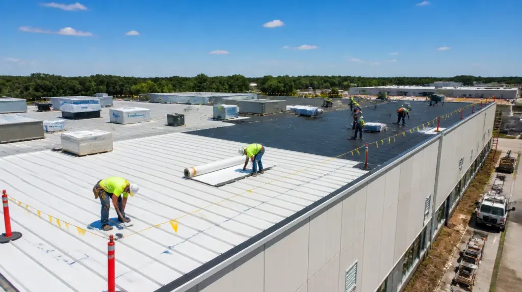 Workers in safety gear installing white roofing membrane on large commercial building with multiple HVAC units.