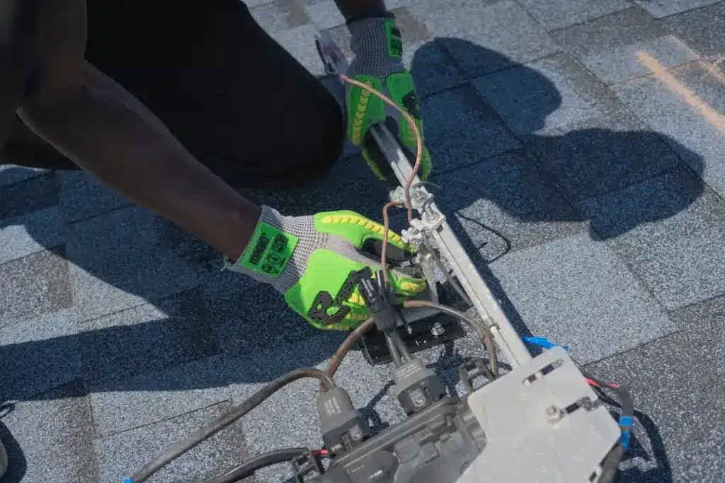 Worker in safety gloves and harness holding electrical equipment on a shingled roof.