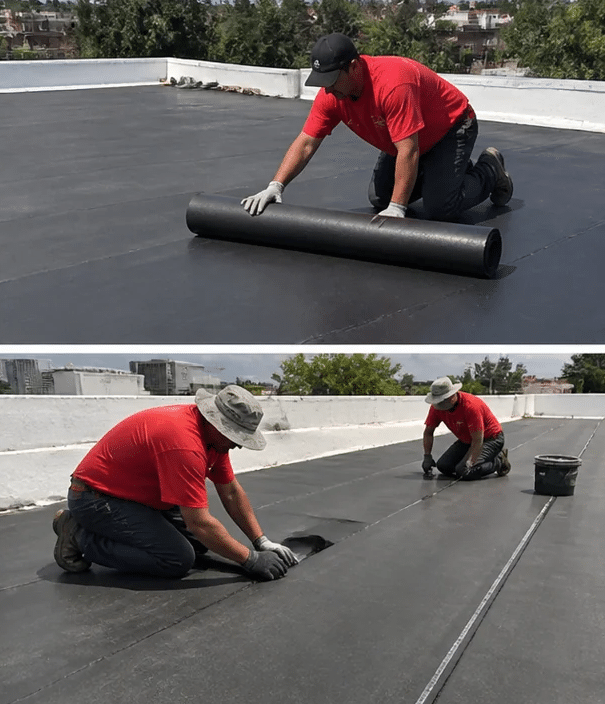 Workers in red shirts installing white and dark membrane roofing material on a flat commercial roof.