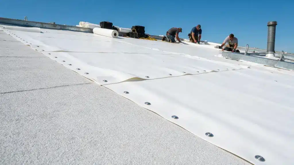 Workers installing white TPO membrane on a flat commercial roof with fasteners and seams visible.