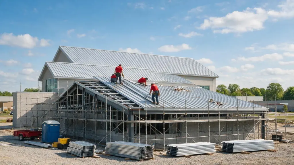 Workers in red safety gear installing metal roofing panels on a residential building under construction.