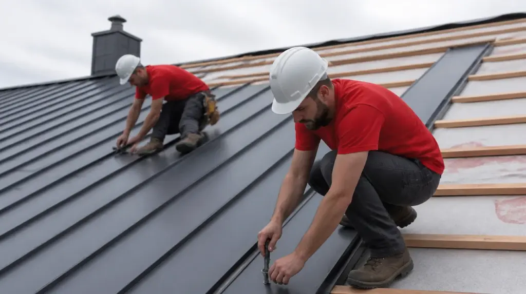 Two workers in red shirts and hard hats installing metal roofing panels on a residential roof.