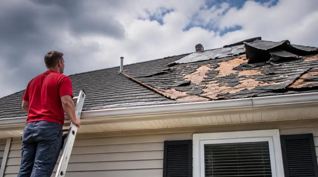 Contractor in red shirt on ladder inspecting damaged roof with missing shingles and exposed wood.