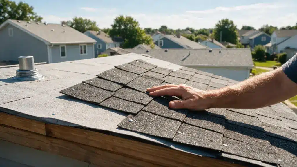 Roofer's hand inspecting asphalt shingles on residential roof with suburban homes visible in background.