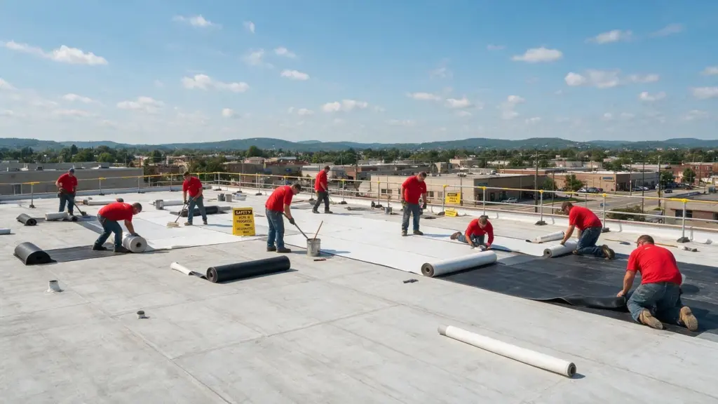 Roofing crew in red shirts installing membrane on commercial flat roof with city skyline in background.