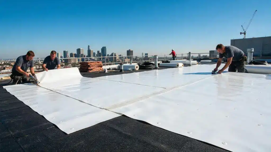 Workers installing white membrane roofing material on a commercial rooftop with city skyline in background.