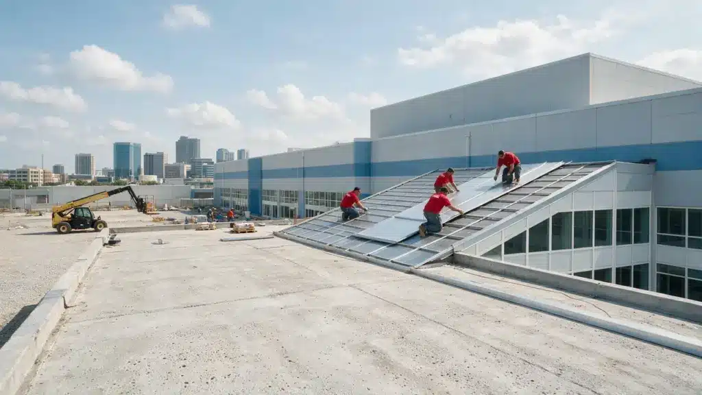 Workers in red shirts installing solar panels on a commercial building roof with city skyline in background.