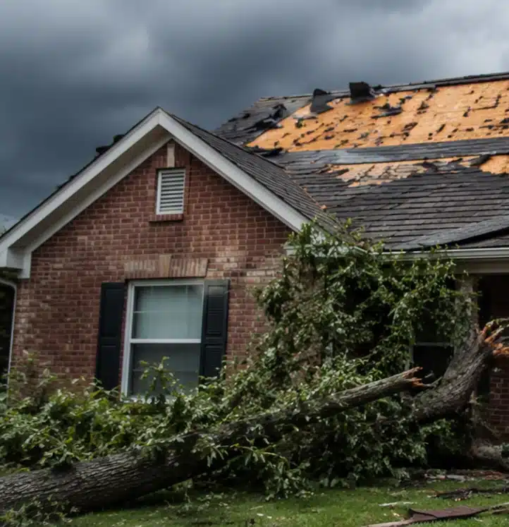 Brick house with partially damaged roof exposing wood sheathing, fallen tree branch in foreground.