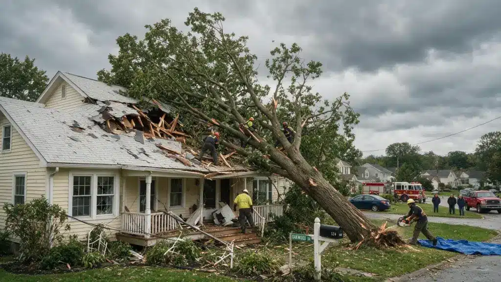 House with severe roof damage from a fallen tree, emergency responders and cleanup crew on scene.